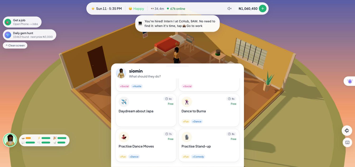 The in-game action menu with social actions like Sing Afrobeats and Call Mummy