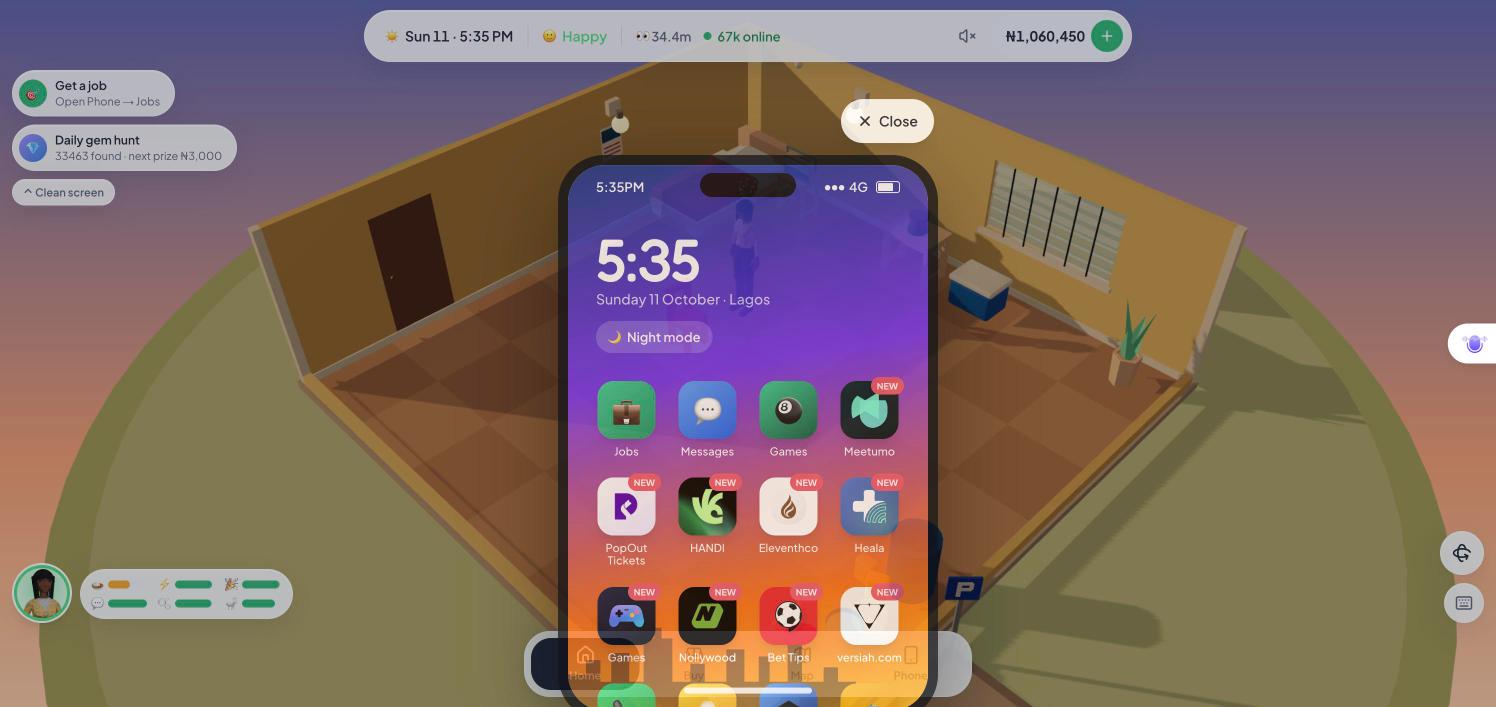 The Lagos Life in-game phone with Messages and social apps